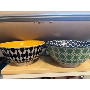 Certified International Porcelain Bowls Set of 2 Geometric Green Black 6 inch